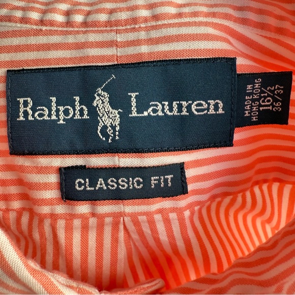 Ralph Lauren Men's Orange White Striped Button Down Classic Fit Shirt 16.5 36/37 - Picture 8 of 11